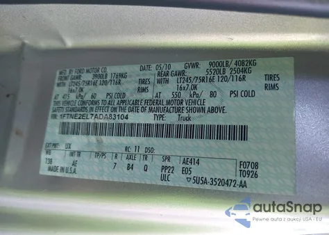 2010 Ford E-250 Commercial/Recreational from USA, damaged, VIN 1FTNE2EL7ADA83104